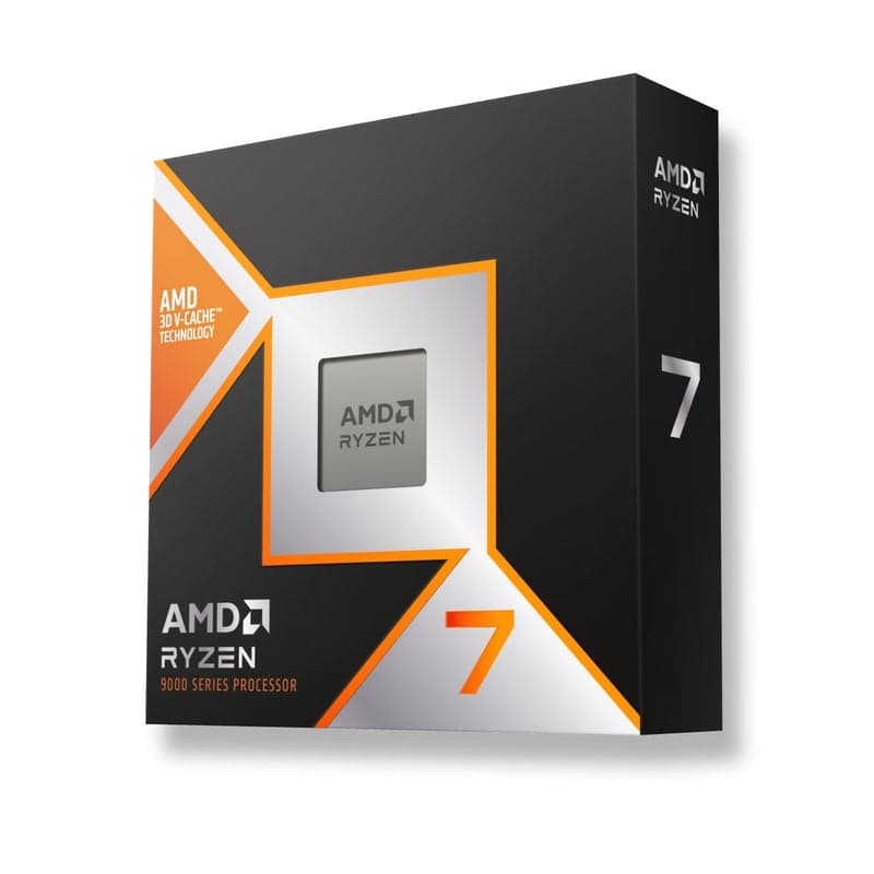 AMD Ryzen 7 9800X3D boxed desktop processor (100-100001084WOF), black and orange retail box
